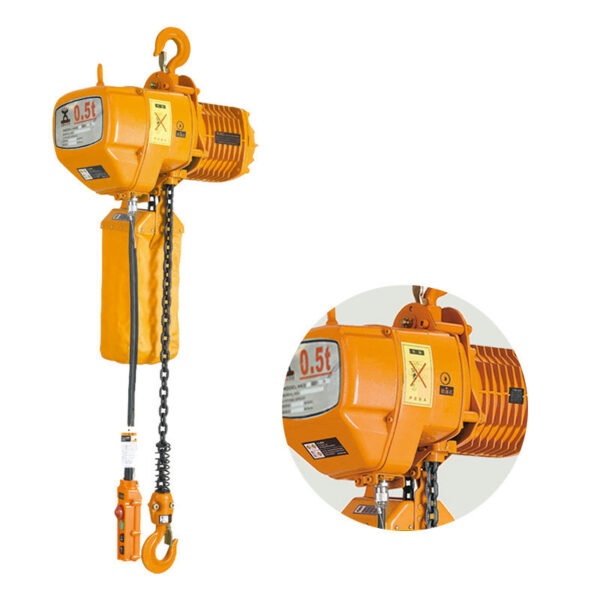 The 0.5t Electric Lifting Hoist in orange features a motor, chain, and control switch, with main and inset images highlighting its details.