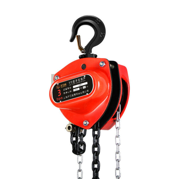 Red Hand Chain Hoist with black hook, capacity markings, and durable metal chains.