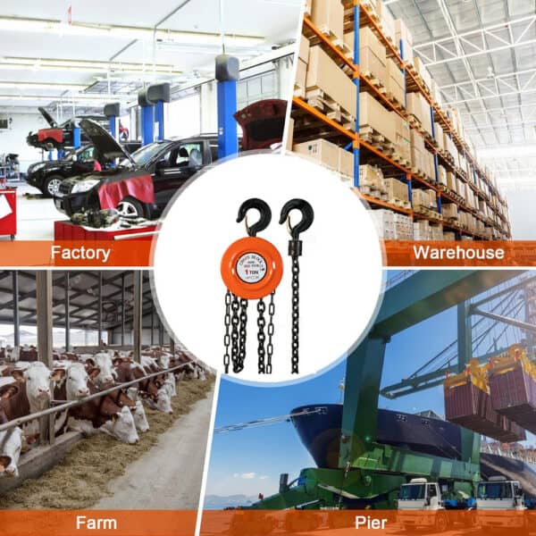 Image showing factory, warehouse, farm, and pier surrounding a 1-ton Manual Chain Block Hoist, highlighting its versatile uses.