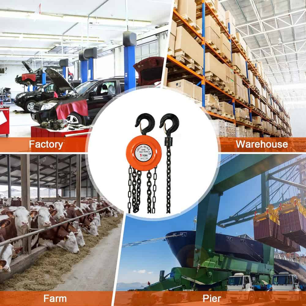 Image of a Heavy Duty Manual Chain Hoist in four settings: car factory, warehouse, cattle farm, and shipping pier.