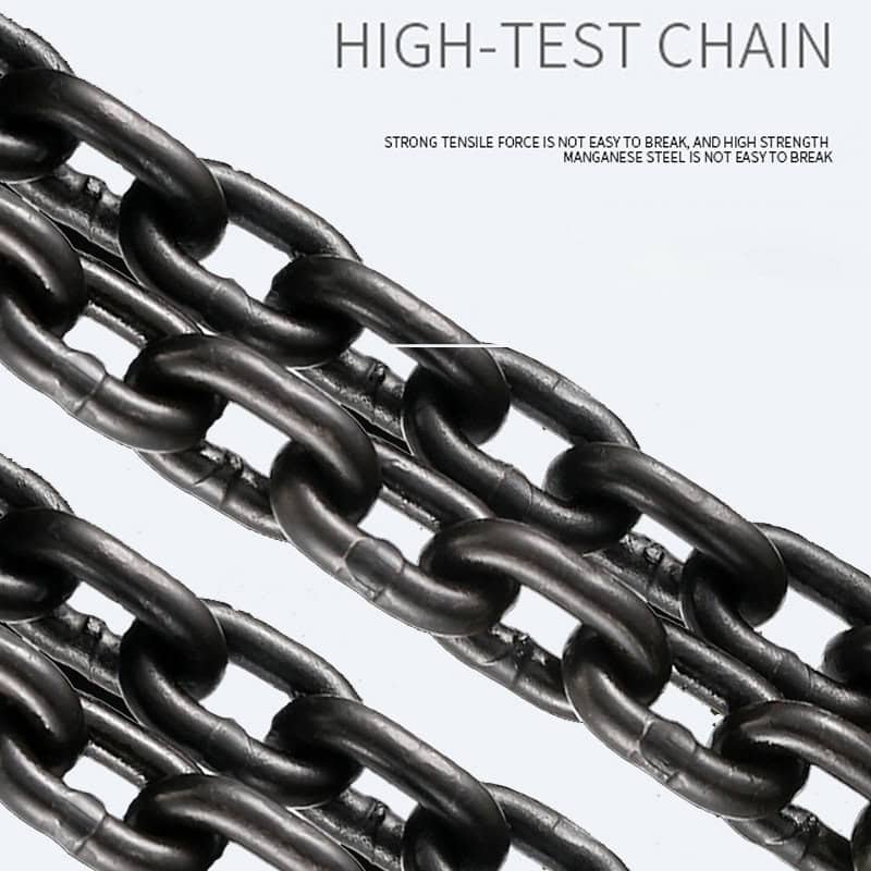 Close-up of intertwined steel chains labeled "HIGH-TEST CHAIN." High tensile strength, made from manganese steel; ideal for Electric Lifting Hoist.