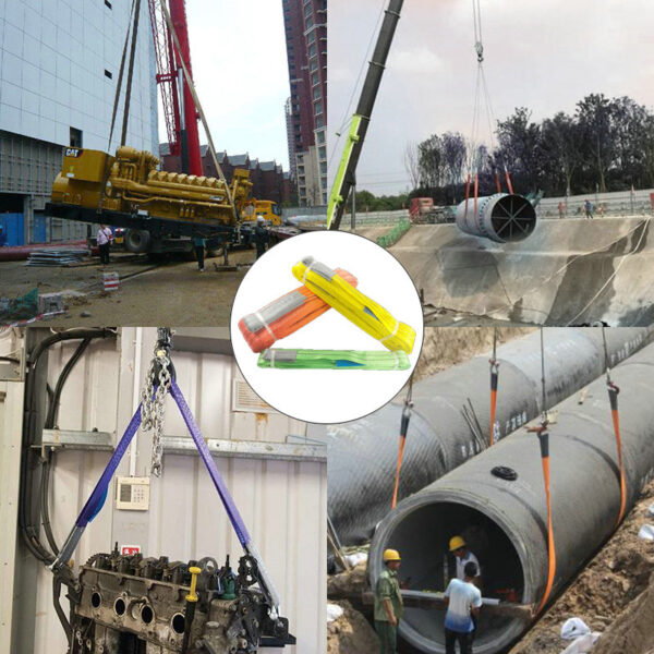 A collage displays Double Ply Webbing Sling in construction, featuring a generator, culverts, an engine, and workers inside a pipe.