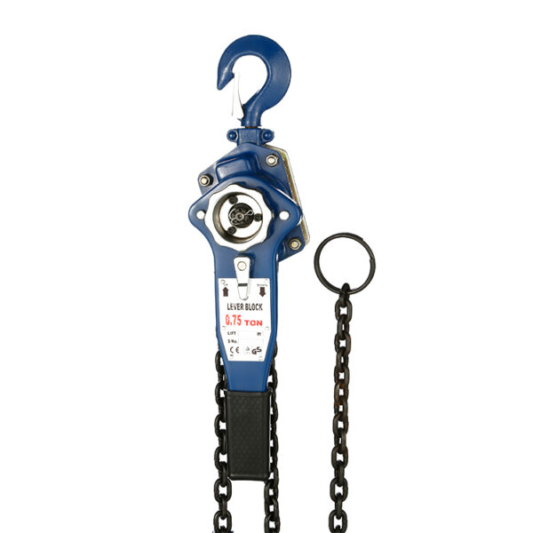 The blue lever hoist with a hook and black chain resembles the durable 250kg Lever Hoist for heavy lifting.