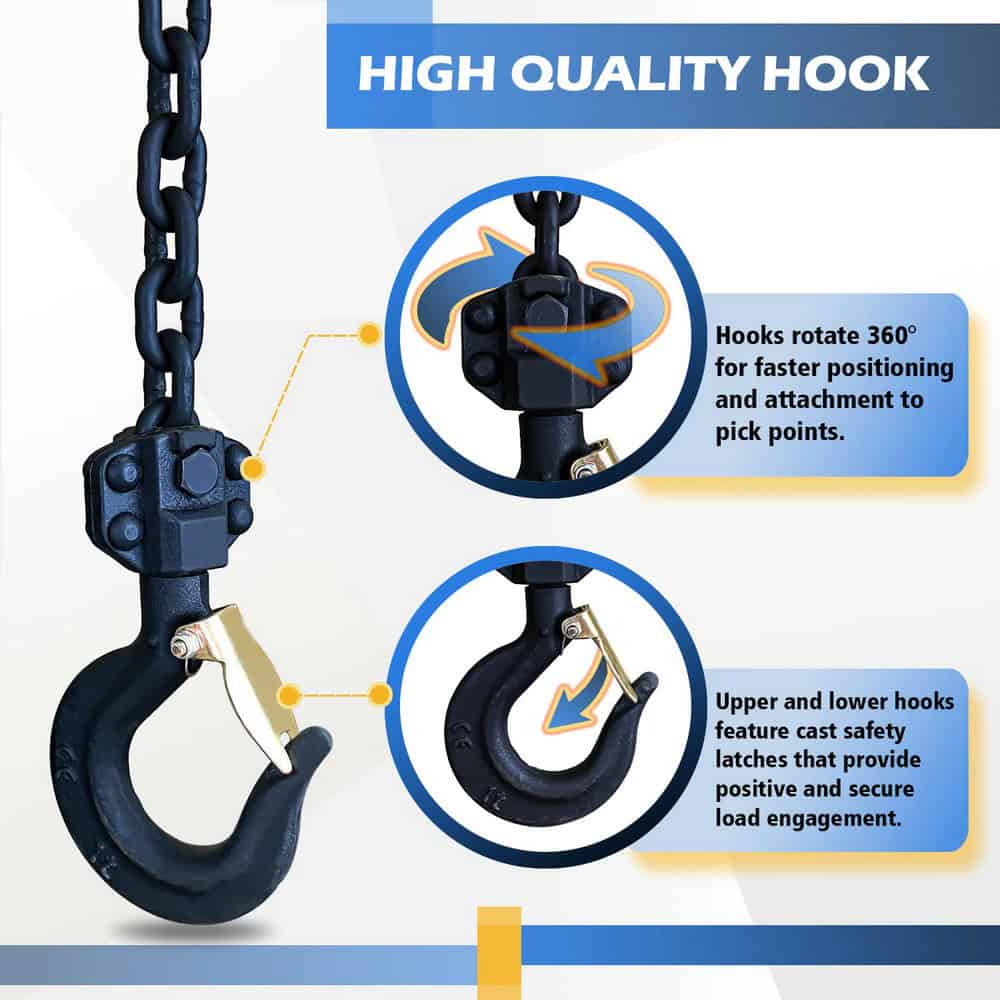 Close-up of a 360° rotating black industrial hook with chains and safety latches for secure loads. "HIGH QUALITY HOOK" showcases ZHC-A Manual Chain Block's reliability.