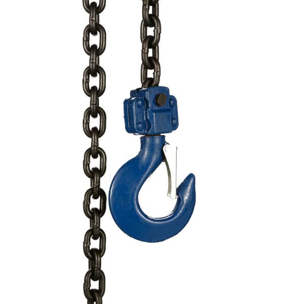 A black chain with a blue hook for a 1/4 Ton Mini Chain Hoist.