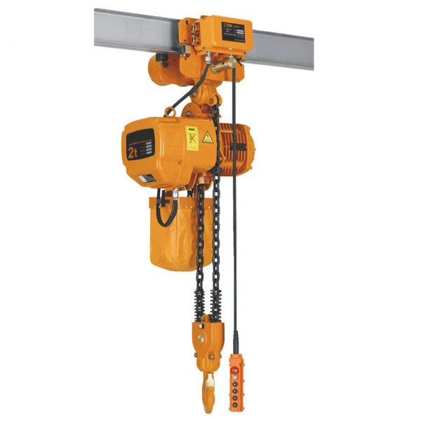 An orange, 2-ton Electric Chain Hoist hangs securely from a sturdy metal track.