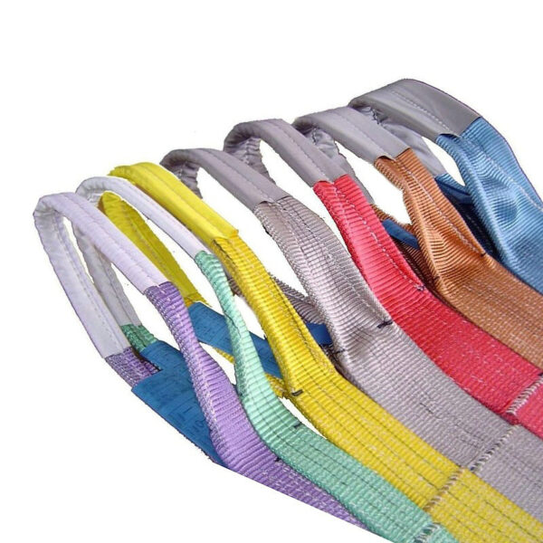 Vibrant double ply webbing slings in purple, yellow, blue, green, and red are displayed against a plain background.