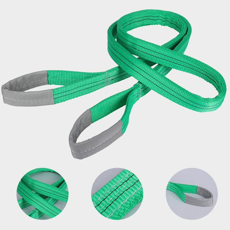 A green 2T Polyester Flat Webbing Sling with reinforced grey ends is shown with three insets detailing its construction and stitching.