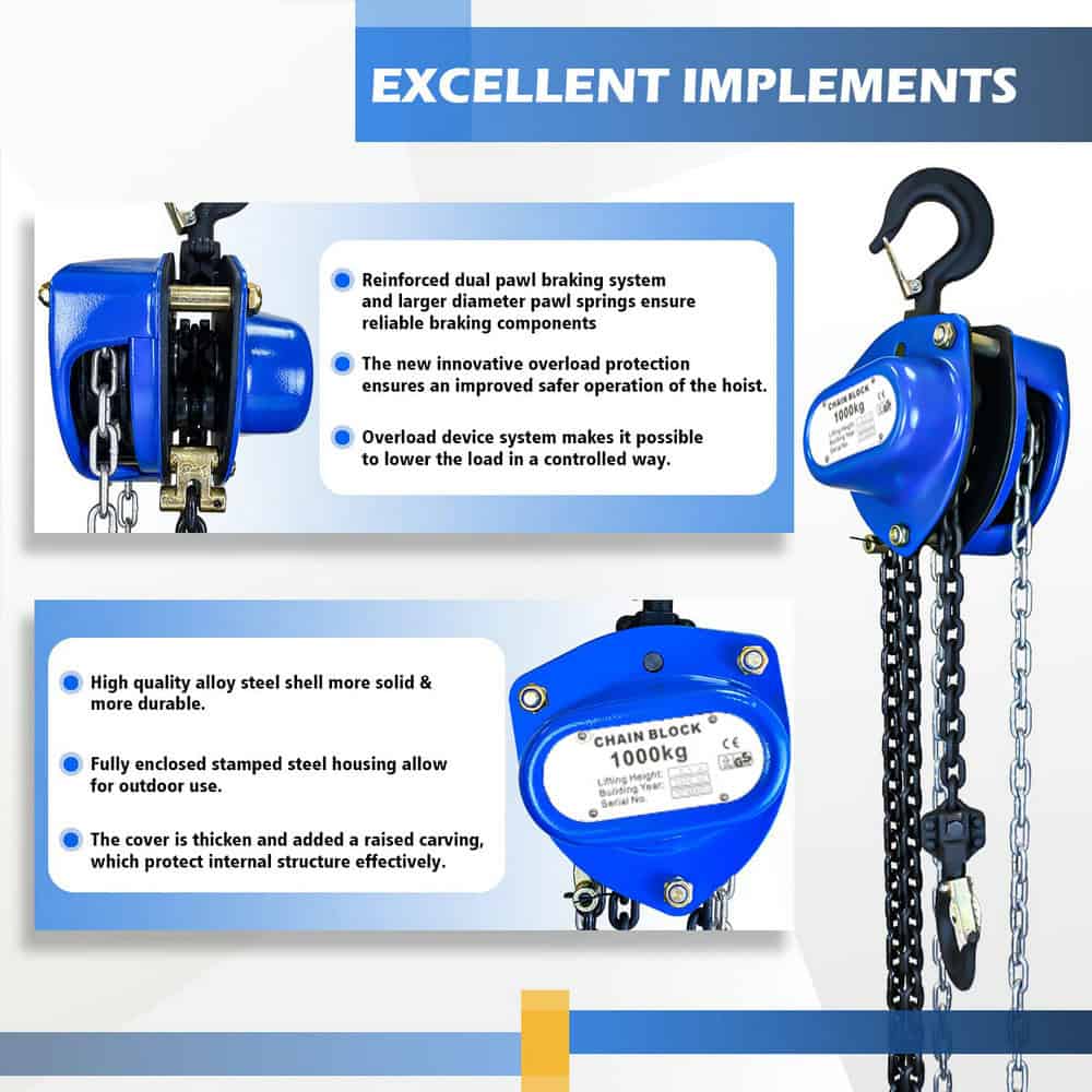 An ad highlights the ZHC-A Manual Chain Hoist, featuring a dual pawl brake, enclosed stamped steel housing, and high-quality alloy shell.