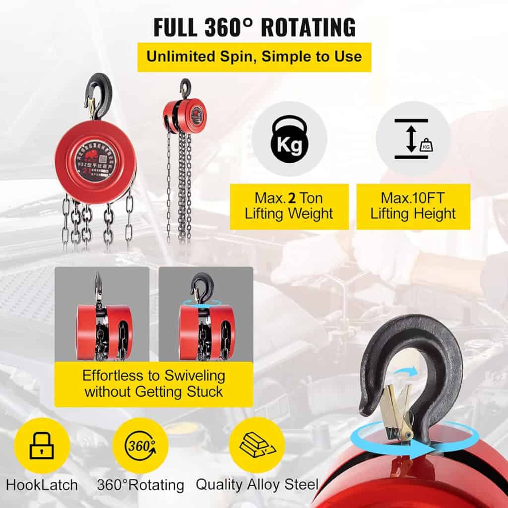 Gambar Kerekan Katrol Rantai Manual berwarna merah: kapasitas 2 ton, daya angkat 10 kaki, putaran 360°, baja tahan lama, putaran halus dengan kait kait.