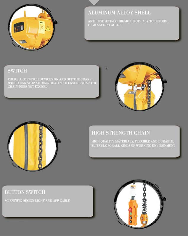 Image showing features of the Electric Chain Pulley Block with trolley: Aluminum Shell, Switch, High Strength Chain, Button Switch; highlights durability, auto-stop, quality materials, lightweight.