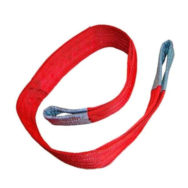 A red 5 Ton Lifting Sling with reinforced loops and blue protective sleeves, similar in durability to a Warna Webbing Sling.