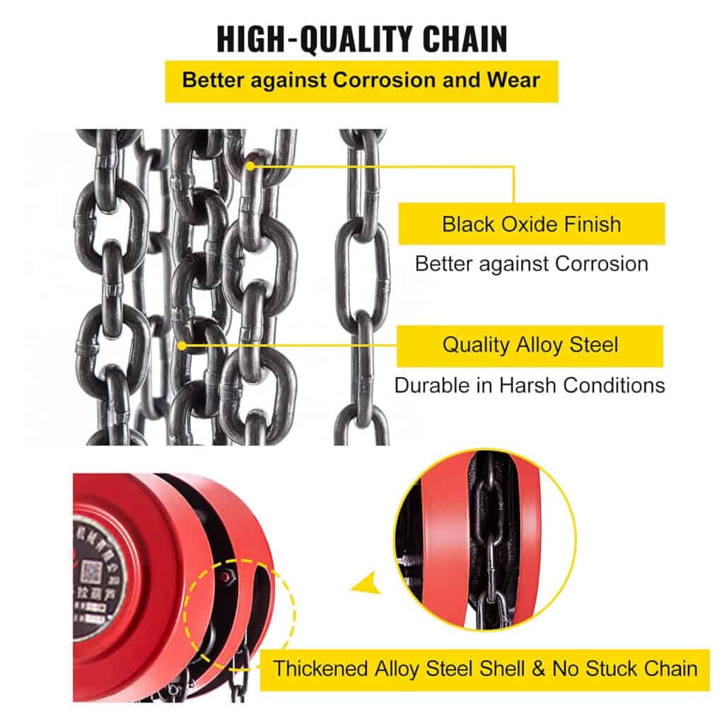 Image showcasing a durable black oxide chain and tough alloy steel padlock, ideal for the Manual Chain Pulley Hoist. Perfect for harsh conditions.