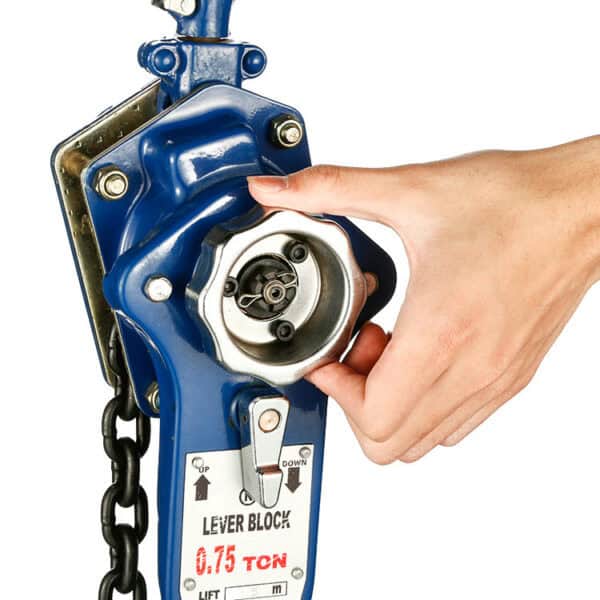 Close-up of a hand using a 3/4 Ton Chain Come Along, demonstrating control and capabilities similar to a 3 Ton Lever Block.