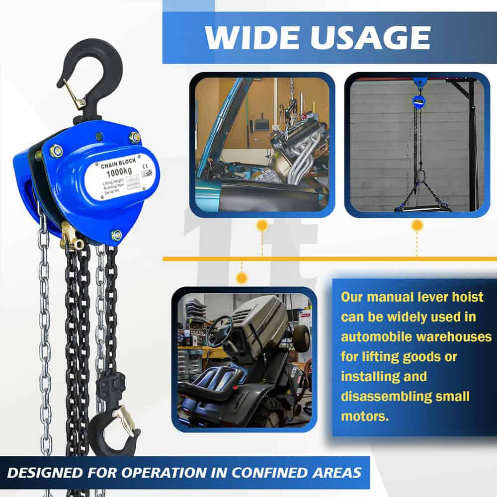 Image of the ZHC-A Manual Chain Hoist, ideal for lifting goods and handling motors in tight spaces within automobile warehouses.