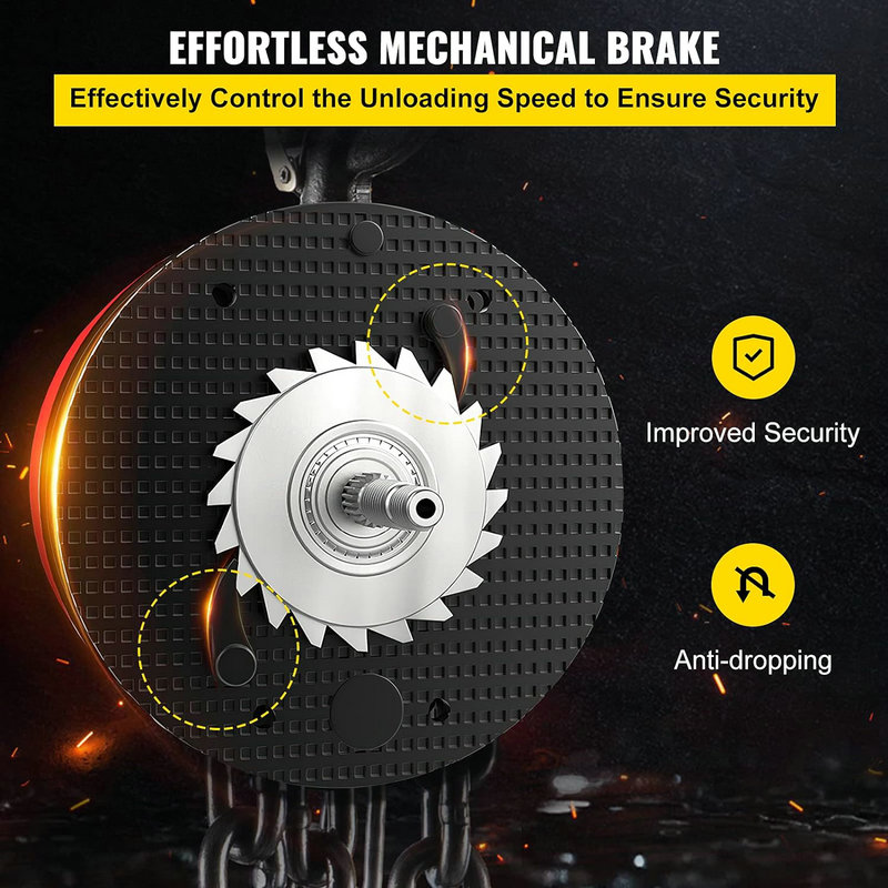 The image shows a Manual Lift Hoist with gears and a mechanical brake, emphasizing security, anti-dropping, and durable design.