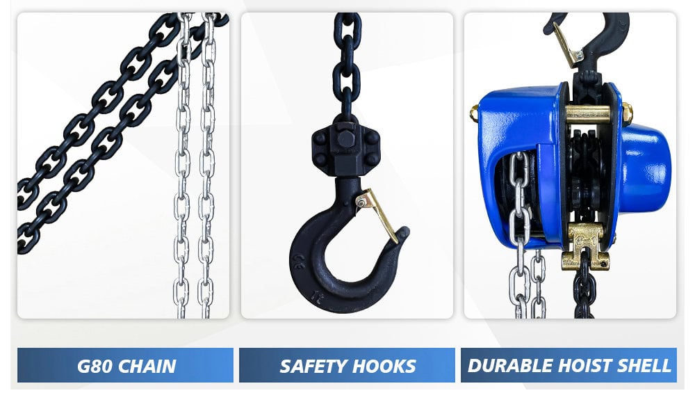 A split-image showcases a black/silver G80 chain, black safety hook, and blue hoist shell labeled "G80 Chain," "Safety Hooks," and "Durable Hoist Shell." The ZHC-A Manual Chain Hoist integrates these features seamlessly for optimal performance.