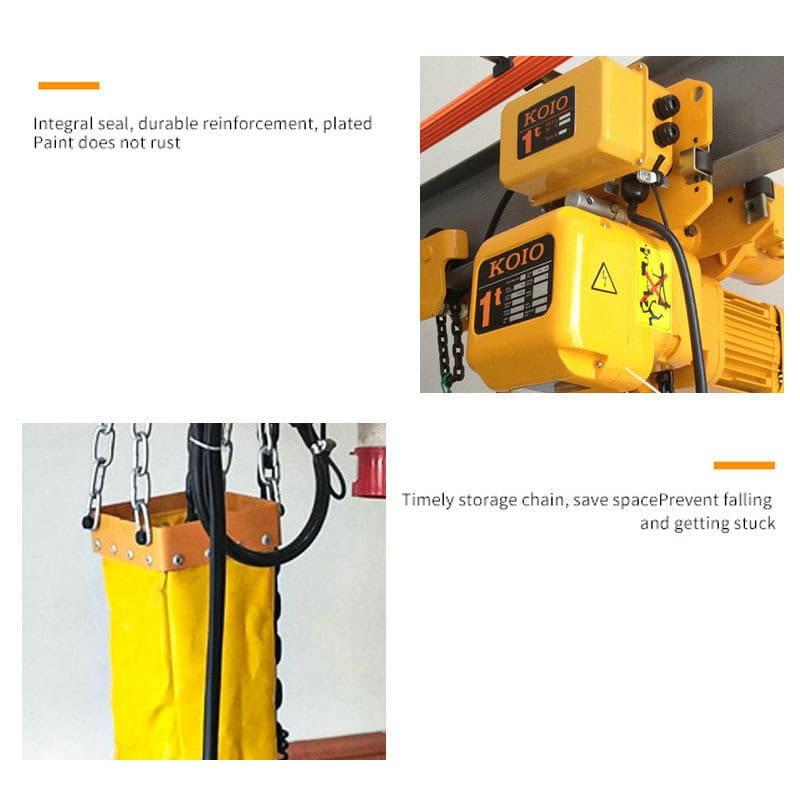 Two Electric Chain Fall Hoist images with trolley features: integral seal, durable reinforcement, plated paint, storage chain to prevent falls.