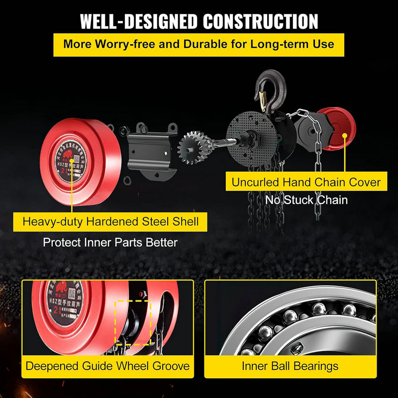 The Manual Lift Hoist has a durable steel shell, hand chain cover, guide wheel groove, and sturdy ball bearings.