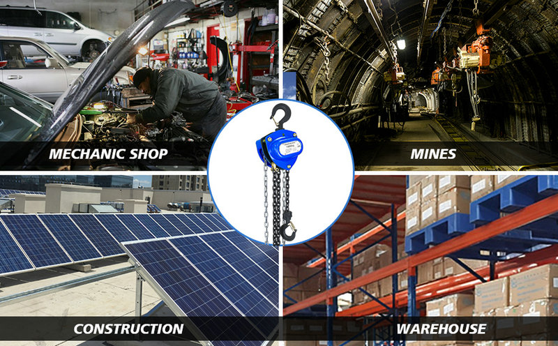 A collage of a mechanic shop, mines, construction, and warehouse featuring a prominent Hand Chain Hoist in the center.