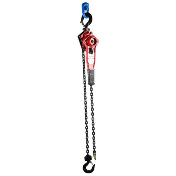 Introducing the 3/4 Ton Lever Chain Hoist: red hand chain, black chain, blue top hook, and black bottom hook. Ideal for precise heavy lifting.