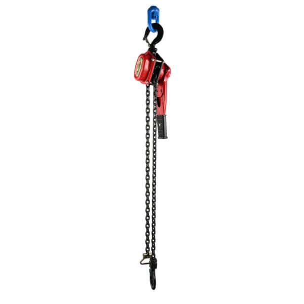 The 1/2 Ton lever chain hoist features a red body, blue top hook, and a chain with a lower hook.