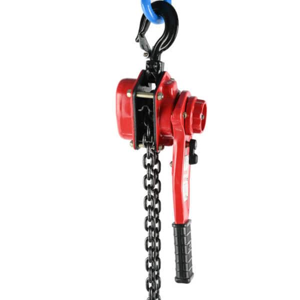 The 1/2 Ton lever chain hoist has a red body, black chain, blue hook, and textured handle for lifting heavy objects comfortably.