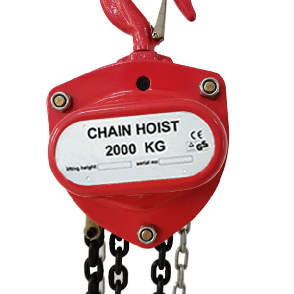 A red 1-ton manual chain hoist with a 2000 kg capacity and certification symbols.