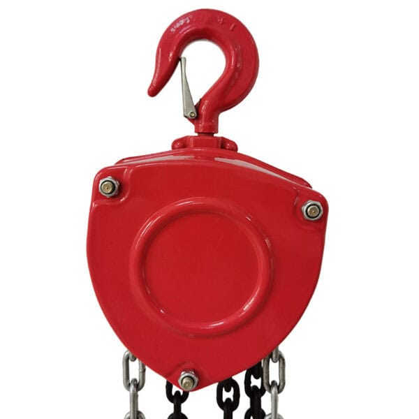 The 1-ton red manual chain hoist with a sturdy hook and durable chain is ideal for heavy lifting.