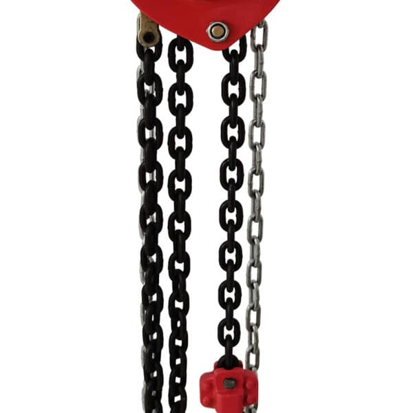 Close-up of Best Manual Chain Hoist: a red pulley with four hanging chains.