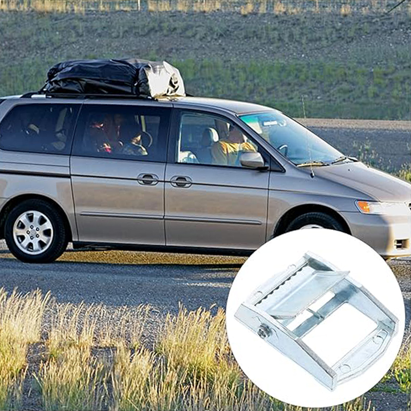 A minivan on the highway with a roof cargo bag securely fastened by an Aluminum Cam Buckle.