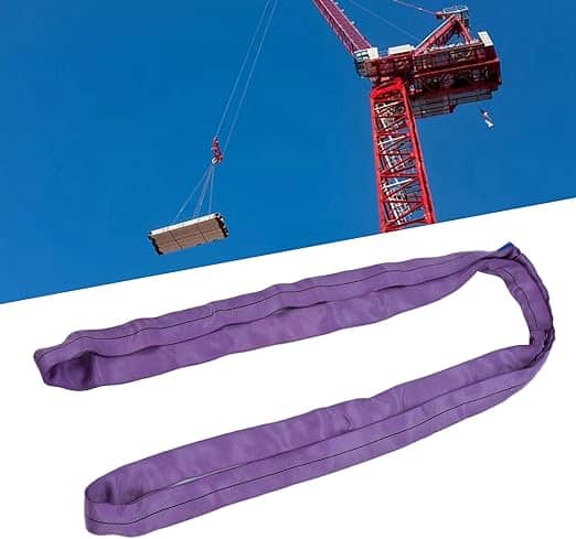 A crane lifts a load against a blue sky; below, a purple 1T Round Sling Strap is displayed on a white background.