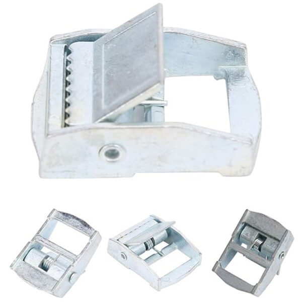 Four Aluminum Cam Buckles are shown at various angles, highlighting open and closed states.