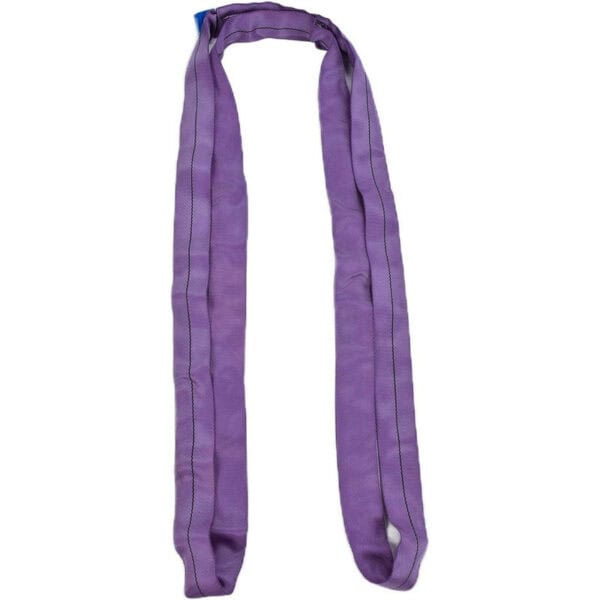 The Lift All Round Sling: a durable, purple polyester sling with black stitching and a blue tag, perfect for hoisting heavy objects.