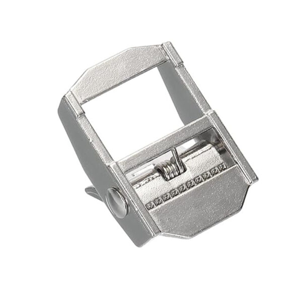 The Aluminum Cam Buckle gleams with a sleek metal design against a pristine white background.