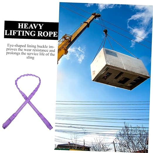 A construction crane lifts a concrete structure using a purple Eye to Eye Round Sling, noted for its wear resistance and extended lifespan.