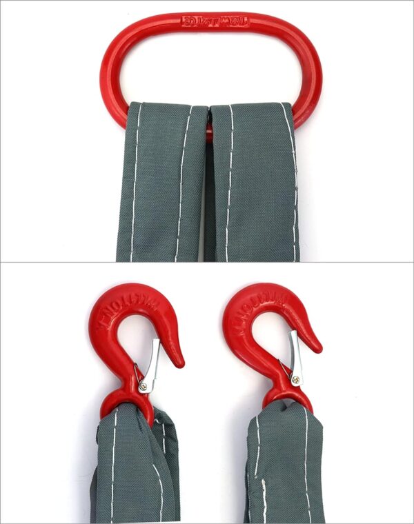 Image: Red metal oval ring with gray fabric straps (top) and red metal hooks with threaded gray straps (bottom) for heavy-duty use.