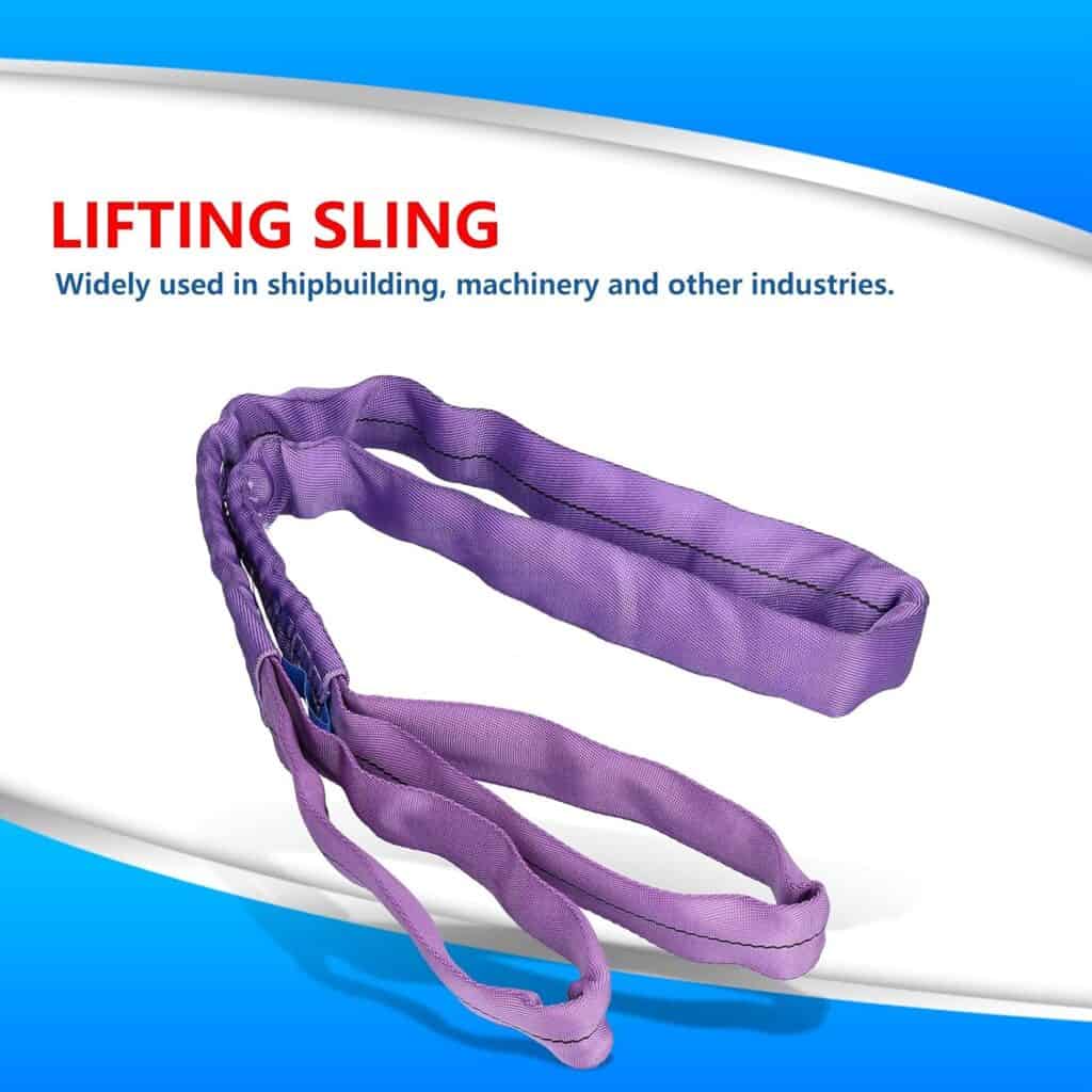 A purple polyester Lift All Round Sling is shown on a blue background, indicating its use in shipbuilding, machinery, and other industries.