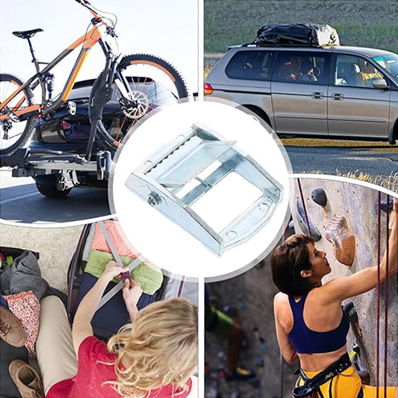 A collage centered on an Aluminum Cam Buckle links scenes of a bike rack, packed minivan, rock climbing, and tent relaxation.