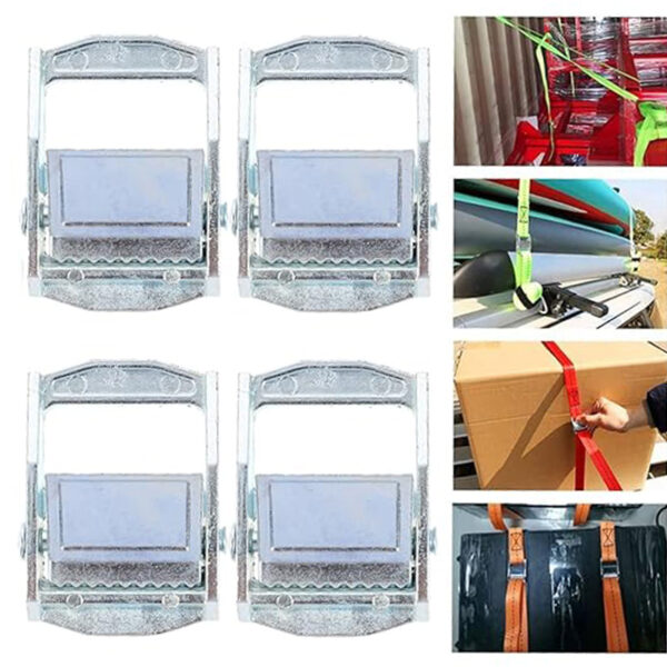 Four Aluminum Cam Buckles shown, perfect for securing cargo, kayaks, boxes, and more.