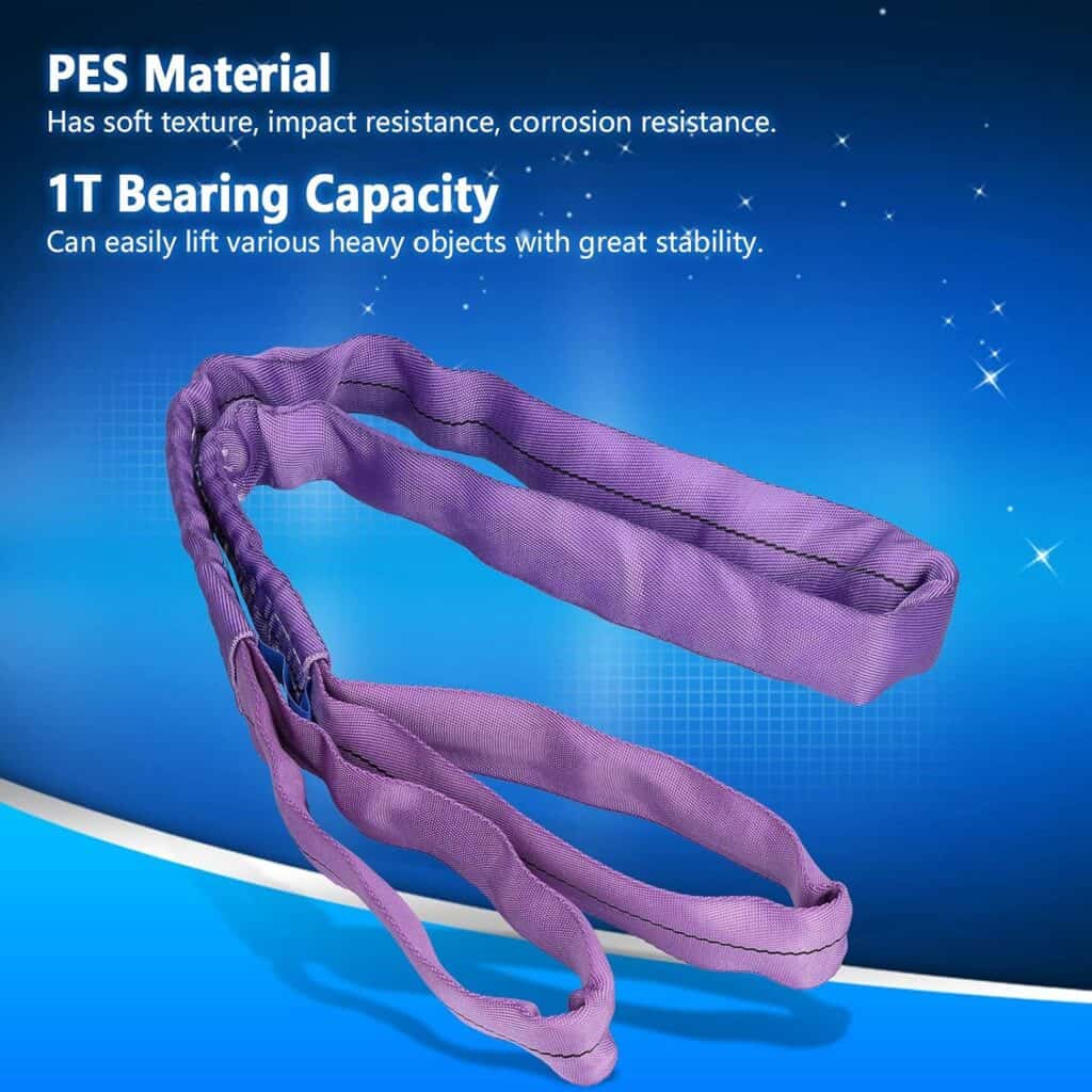 The Eye to Eye Round Sling, a 1-ton capacity purple polyester PES sling, shines against a blue background, highlighting its durability.