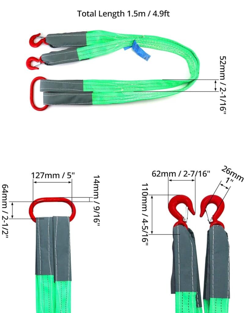 Image of a green lifting strap (1.5m/4.9ft) with red hooks and measurements in mm/inches.