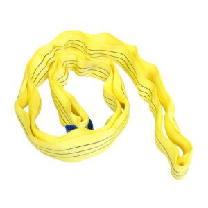 A yellow 3T round lifting sling with black lines, coiled on a white background.