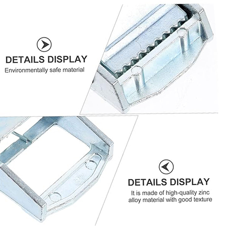 Close-up of eco-friendly zinc alloy aluminum cam buckle, showcasing its texture in two detailed views.