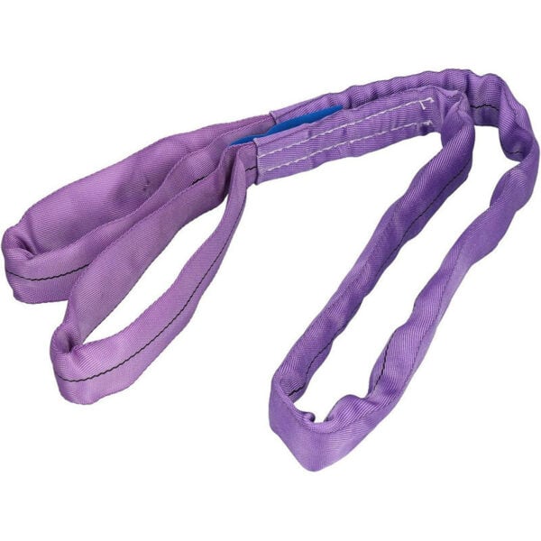 A purple polyester round sling with stitched loops at both ends.