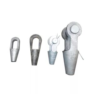 Four metal thimble clevis fittings of various sizes are lined up on a white background, with one Closed Wedge Socket beside them.