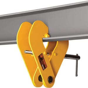 A yellow 3 Ton Beam Clamp secured to a gray I-beam with a black bolt.