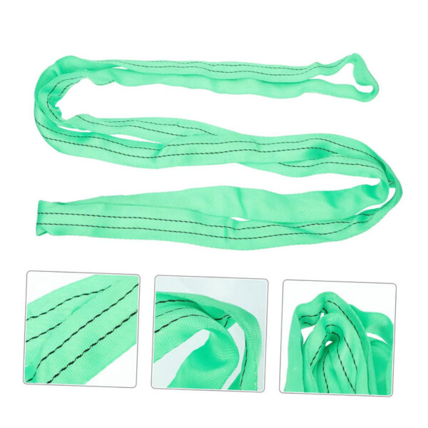 Green 2 Ton Polyester Lifting Sling with black stitching, shown from multiple angles.