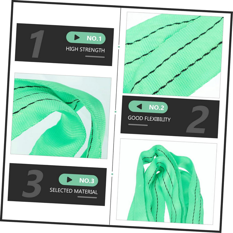 Image highlights: Green strap's high strength like 2-ton slings, excellent flexibility, and durable material.