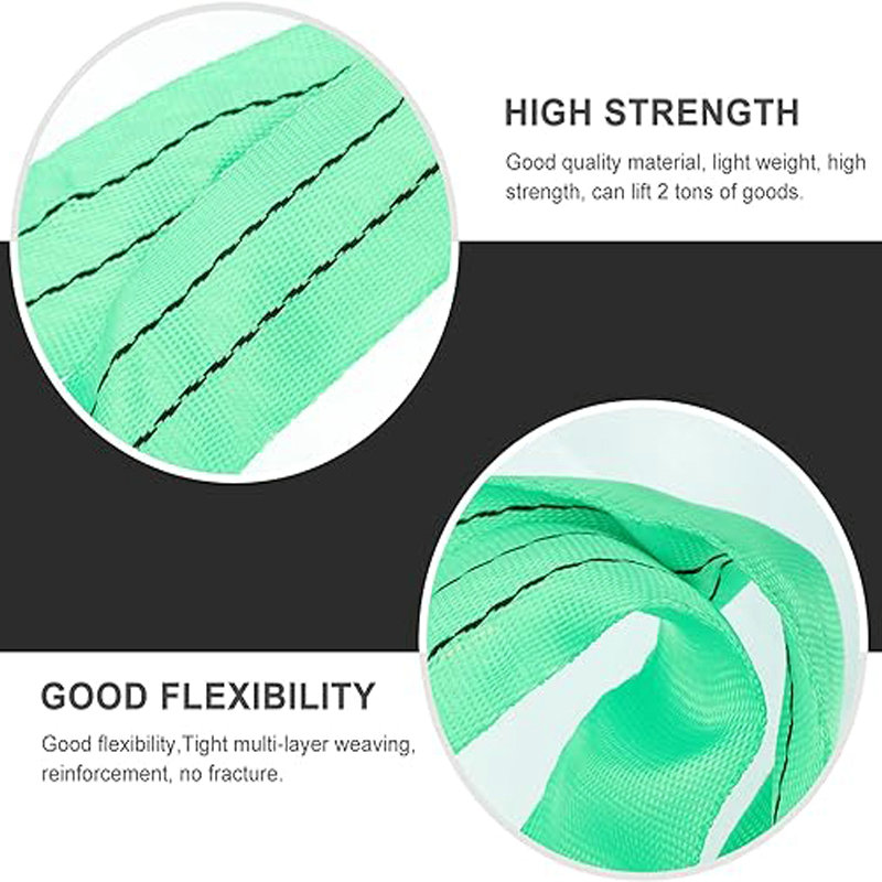 The 2 Ton Lifting Slings have green high-strength, flexible straps with reinforced multi-layer weaving for reliable 2-ton handling.